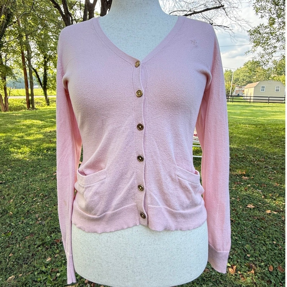 Lauren Ralph Lauren Peach V-Neck Button Front Cardigan Sweater Monogram Small
